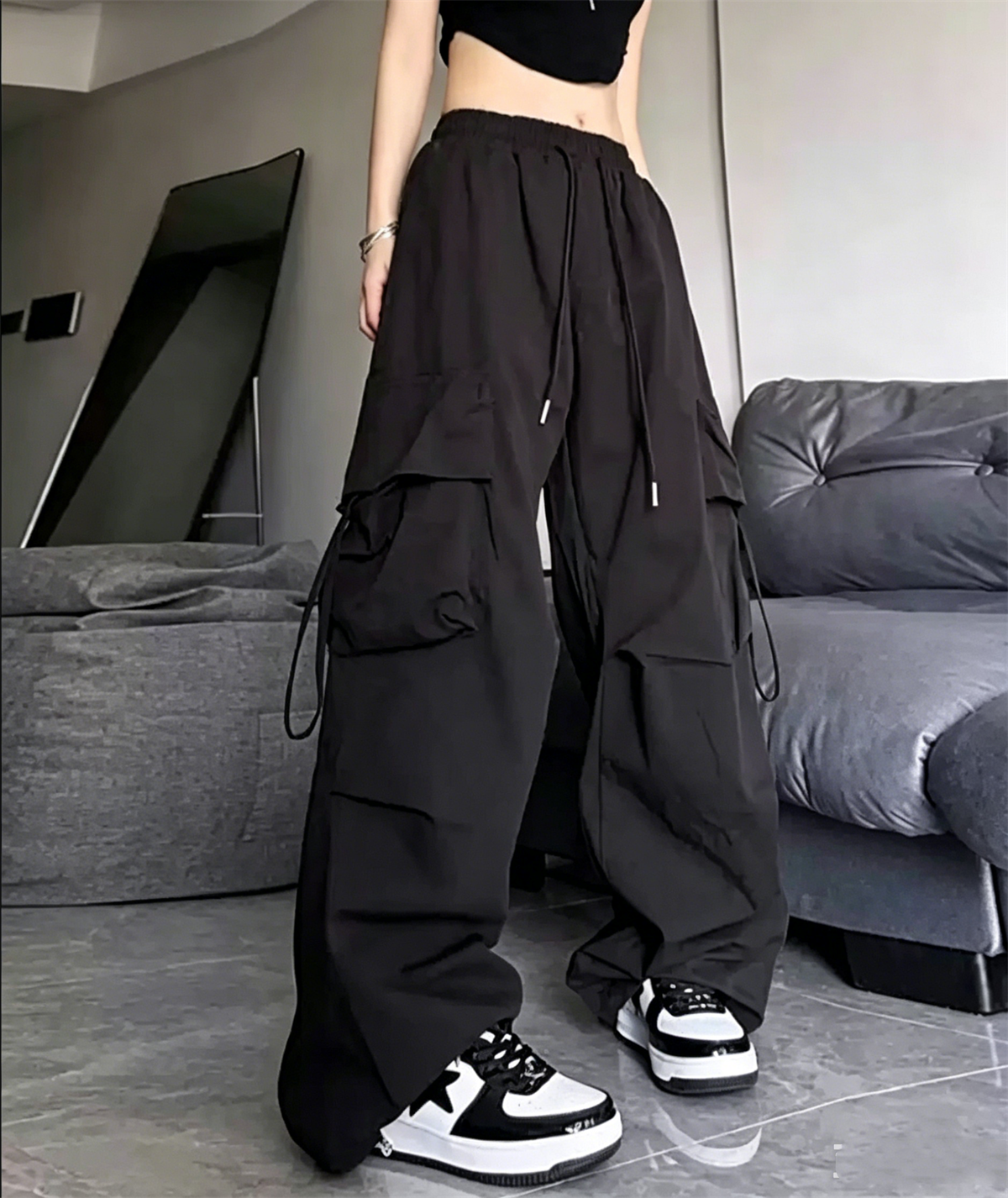 Pantalon cargo vintage pour femme, taille élastique, poches, coupe large, style Y2K, streetwear américain