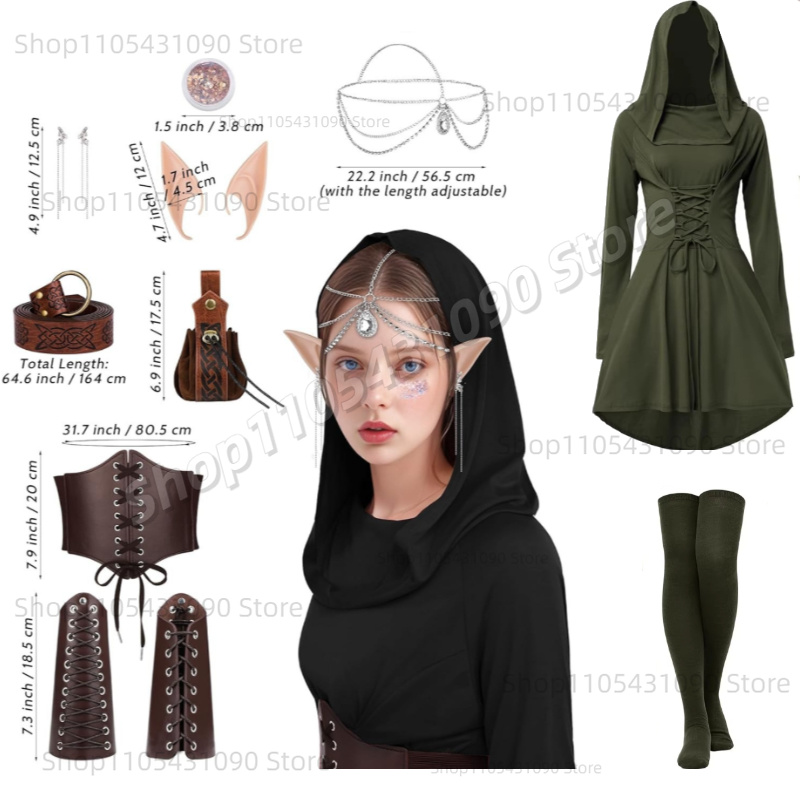 Tenue d'elfe forestier vintage, robe médiévale à capuche irrégulière avec ceinture, protège-bras, accessoires d'elfe, costume de cosplay