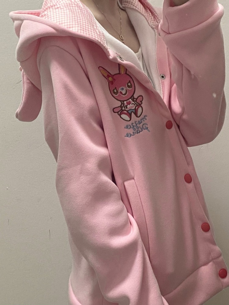 Manteau brodé de dessin animé japonais Kawaii pour femme, veste à capuche rose avec oreilles de lapin mignonnes, esthétique Y2k, Grunge, automne