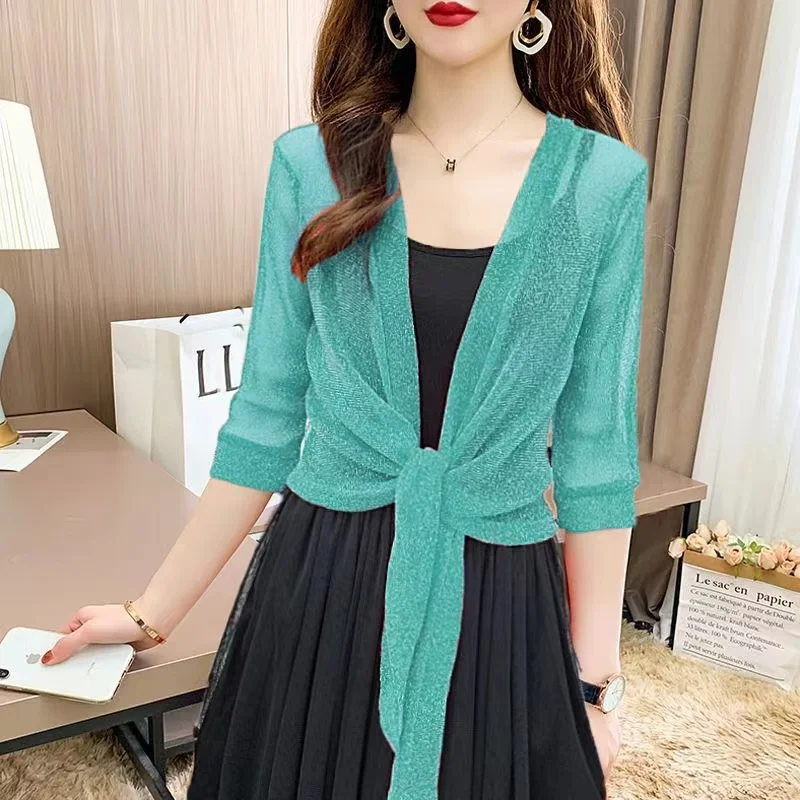 Femmes élégant veste Cardigan demi manches avant à lacets manteau d'été dames Sexy mince crème solaire veste courte Blusas De Mujer