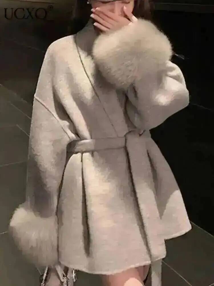 UCXQ-Manteau en laine à manches longues pour femme, pardessus patchwork, veste élégante, beaux vêtements, avocat, bureau, automne, printemps, 2025