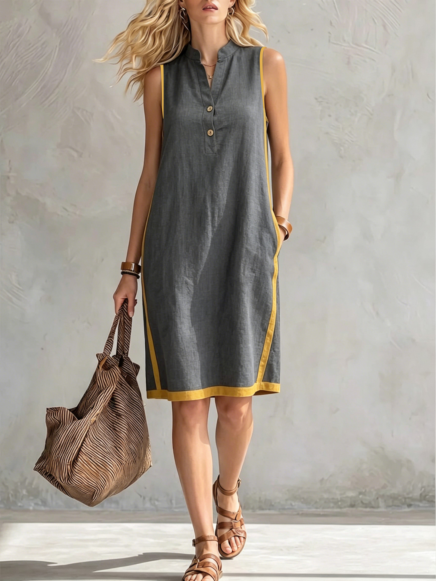 Robe décontractée mi-longue sans manches en coton et lin pour femme, col en V, demi-fermeture, avec bordure jaune contrastante