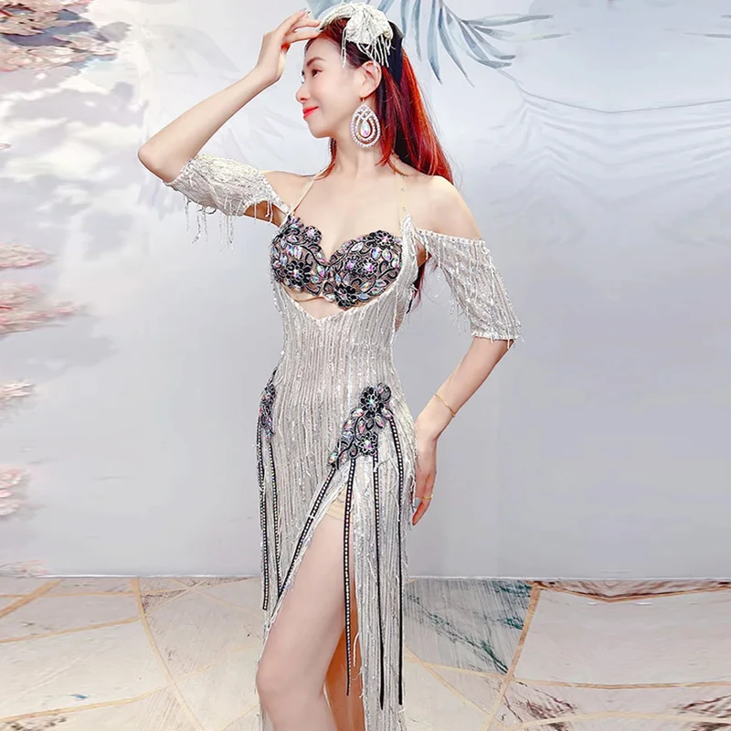 Vêtements de danse du ventre sirène, robe longue Sexy à paillettes pour femmes, Costumes de danse du ventre orientale, tenues de danse, soutien-gorge + jupe