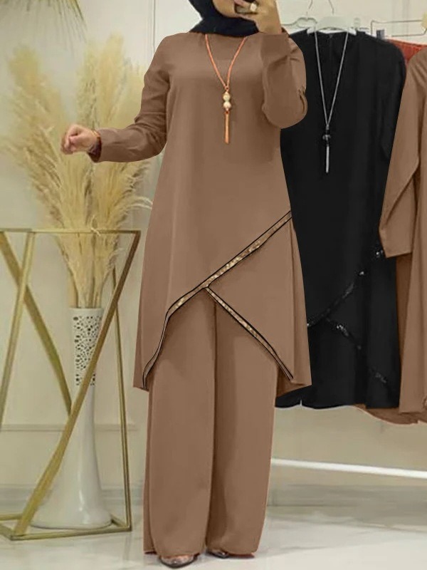 Ensemble deux pièces musulman pour femmes, chemise à manches longues, chemise à col rond, pantalon à jambes larges, décontracté, luxe, printemps et automne