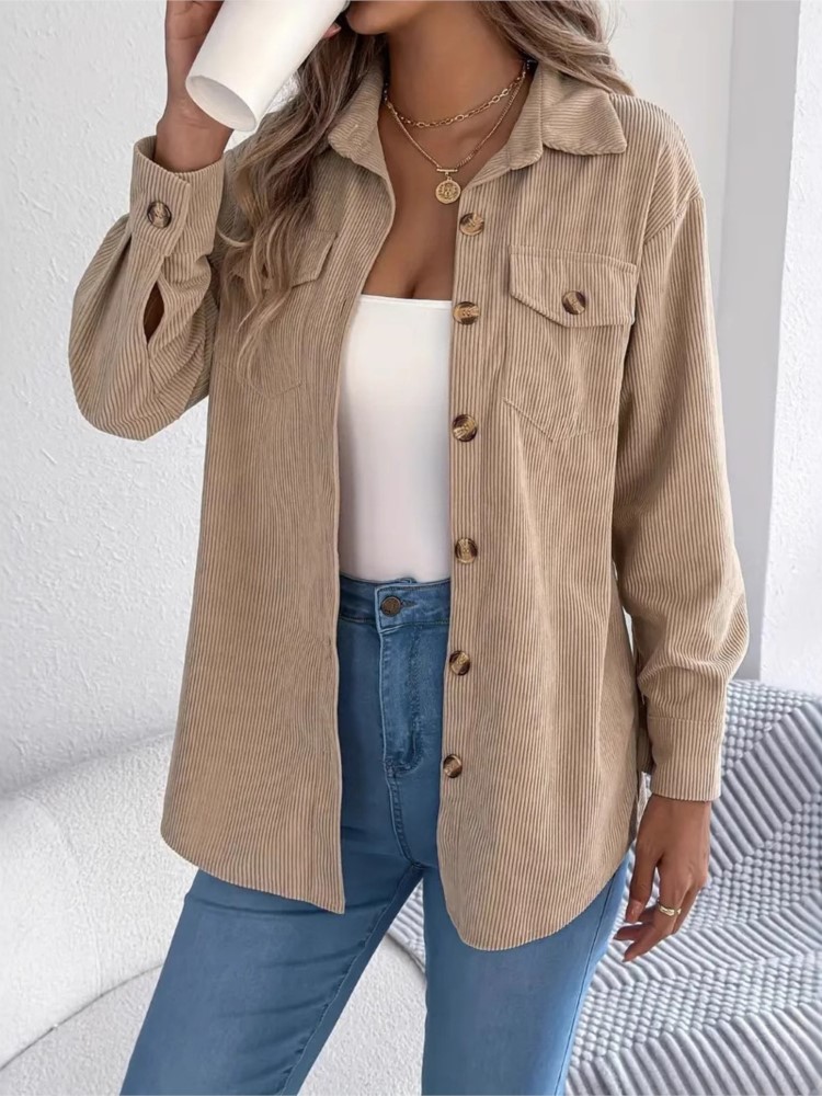Veste en velours côtelé à manches longues pour femme, élégante, simple boutonnage, couleur unie, chemise ample et décontractée, nouvelle mode, manteau supérieur noir, vêtements pour femmes
