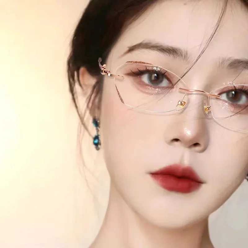Lunettes de lecture de luxe sans monture, verres HD anti-lumière bleue, style vintage, ultra-légères et haut de gamme pour femmes