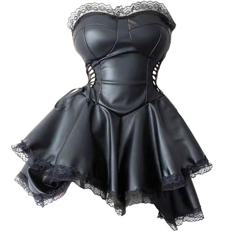 Robe fourreau en cuir Sexy, sans bretelles, ligne a, couleur unie, à lacets, à volants, mode femmes, dentelle épissée PU, robe sensuelle