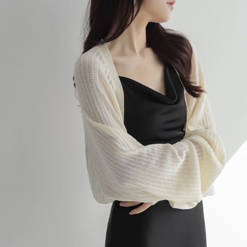 Cardigan style français en soie glacée anti-UV, boléro court en maille transparente à manches bouffantes, châle léger d'été