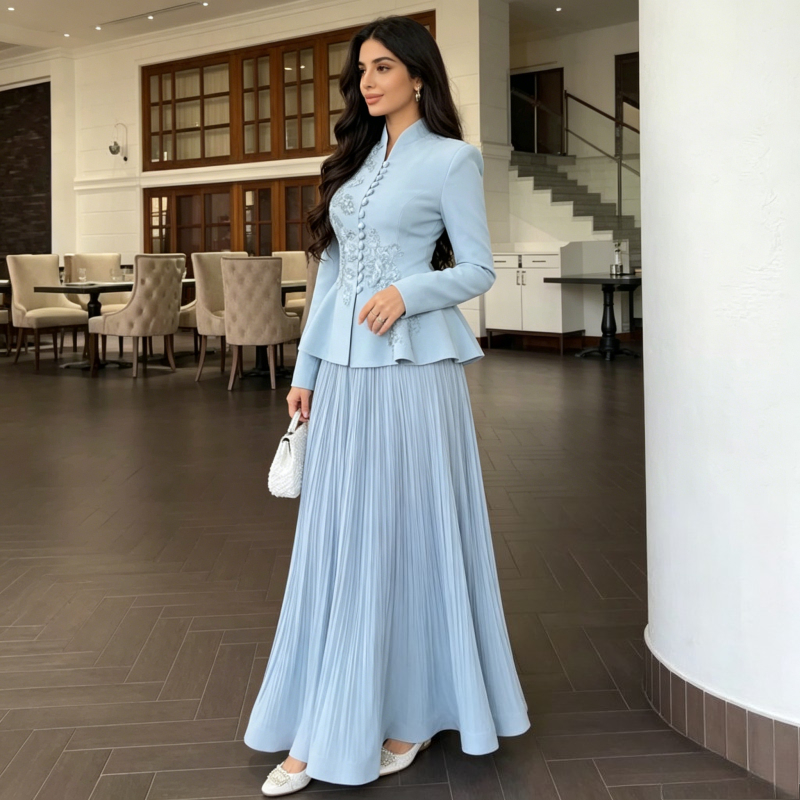 Ensemble 2 Pièces Jupes et Manteau Plissé pour Femme, Tenue de Fête Musulmane, Ensemble Brodé pour Ramadan, Veste Brodée Maroc Dubaï, Tenues Aïd