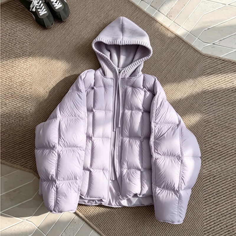 Parka pour femmes, veste matelassée en coton à capuche tricotée, effet deux pièces, coupe ample, chaude et épaisse, manteau d'extérieur pour femme.