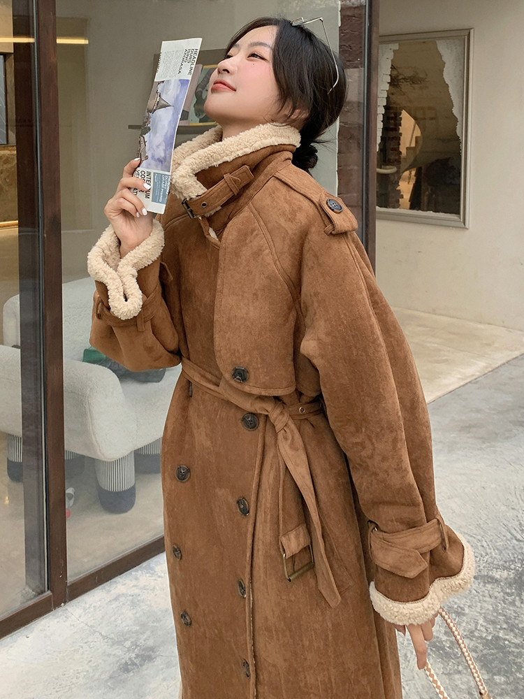 Manteau en daim épais et décontracté Maillard mi-longueur, longueur genou, avec fourrure, pour femme, nouvelle collection hiver 2026, couleur kaki