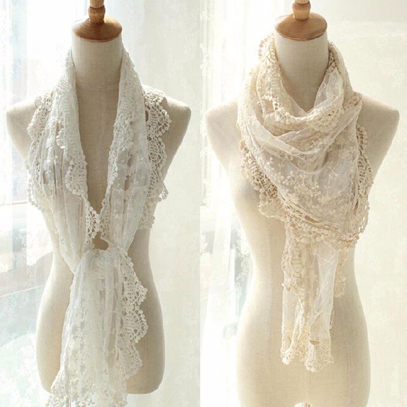Nouveau élégant femmes longue écharpe broderie florale Crochet maille dentelle garniture châle foulards mode Lolita princesse doux Beige écharpe