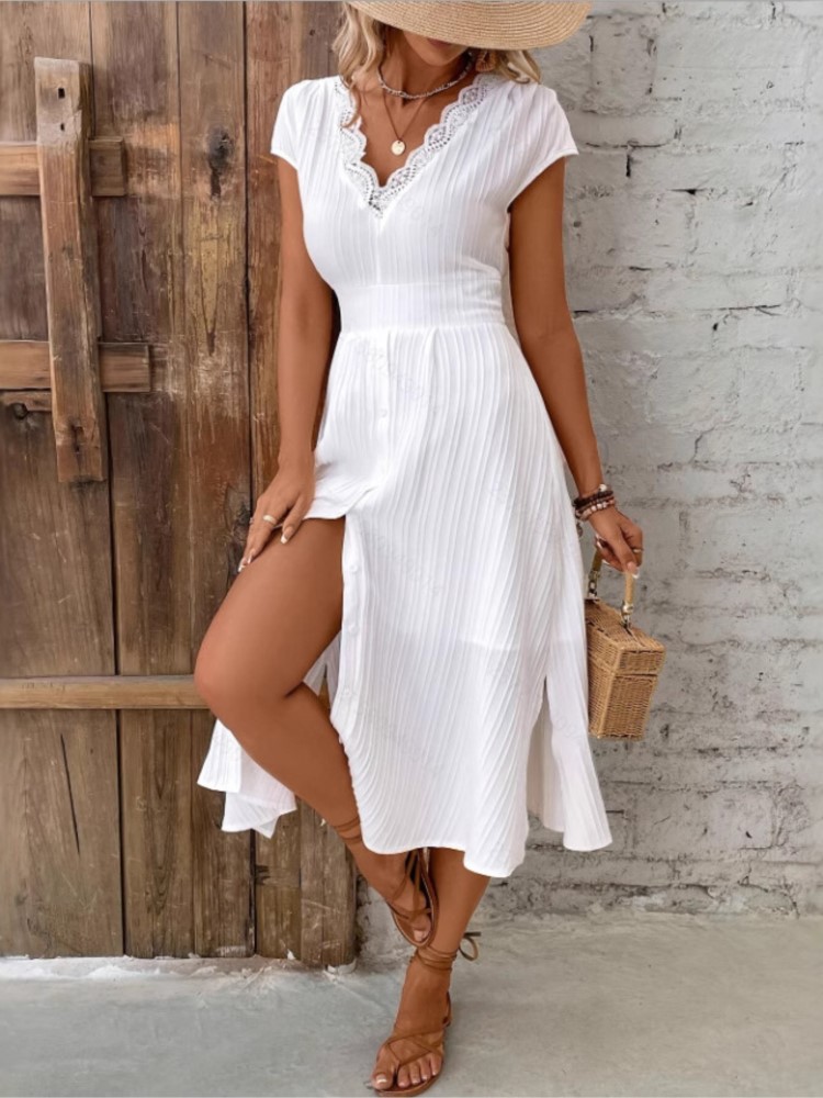 Robe décontractée en dentelle blanche pour femmes, mode, manches courtes, col en V, taille haute, robes amples, élégante, jupe de fête de vacances, été