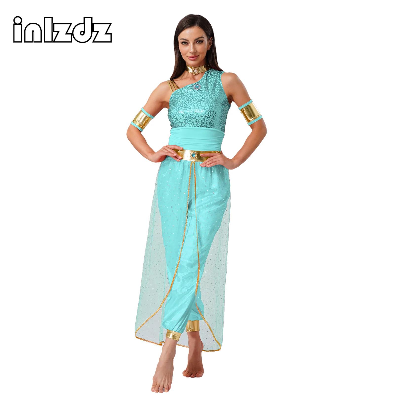 Costume de princesse arabe pour femmes, costume de cosplay d'Halloween, décor de pierres précieuses, superposition de tulle brillant, combinaison, tenue de carnaval, vêtements de danse du ventre