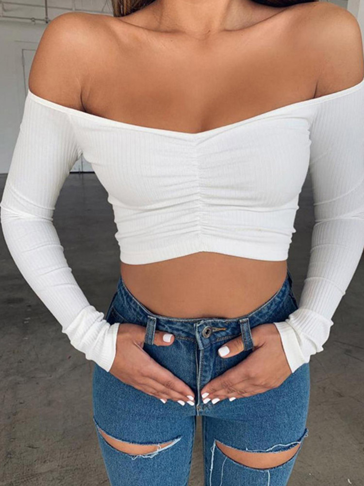 T-shirts pour femmes, sexy et tendance pour les soirées, T-shirt à manches longues, épaules dénudées, couleur unie, T-shirt basique pour femme, automne.