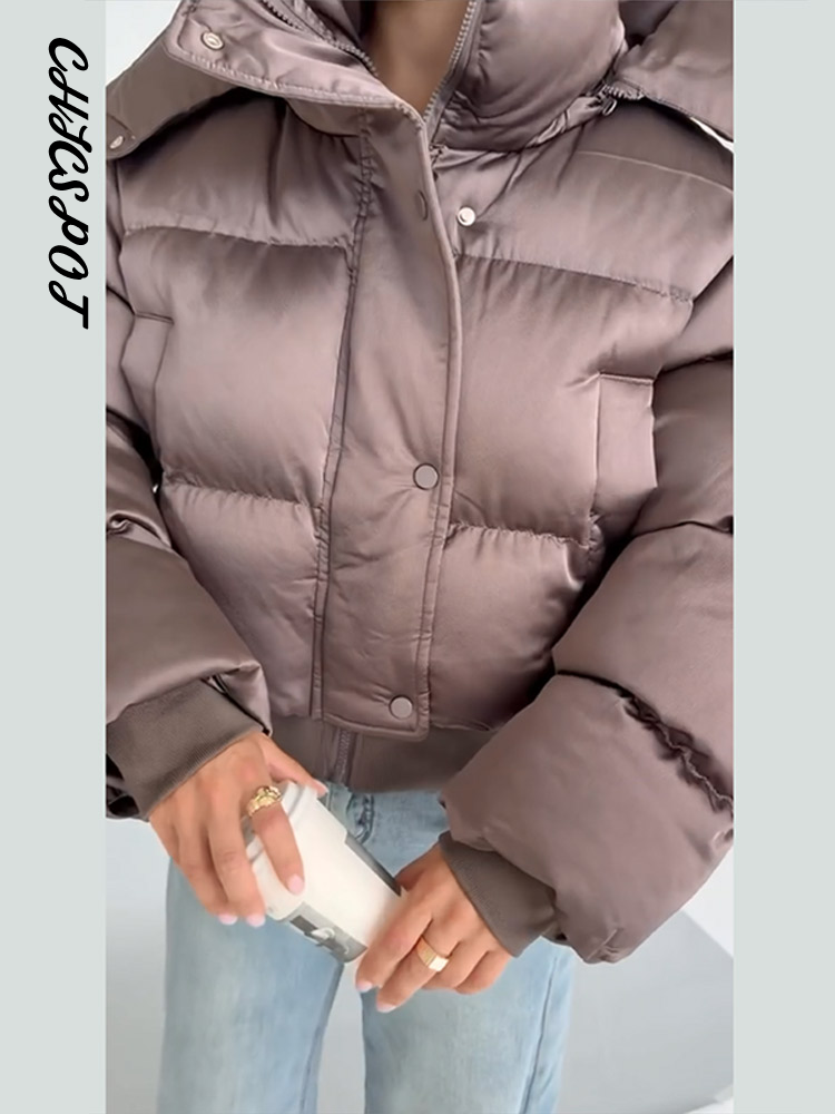 Vestes matelassées pour femmes, à capuche, col montant, fermeture éclair, manteaux courts d'hiver, manches lanternes, veste ample unie, nouvelles vêtements d'extérieur