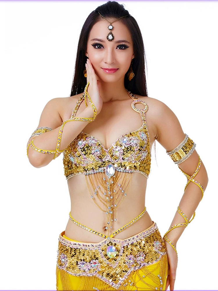 Costumes de danse orientale pour femmes, costume 2 pièces, haut perlé de Style oriental, soutien-gorge et ceinture de spectacle de danse de groupe, tenue à paillettes brillantes