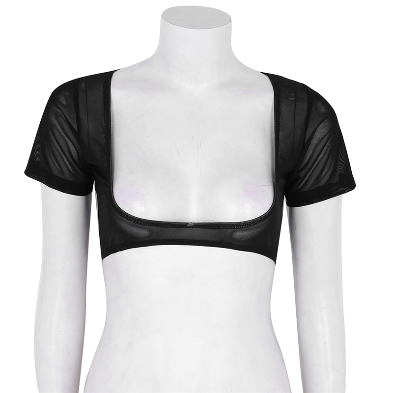 Costume de danse du ventre pour femmes, Sexy, maille douce, transparent, buste ouvert, manches courtes, haut court pour discothèque, fête, spectacle sur scène