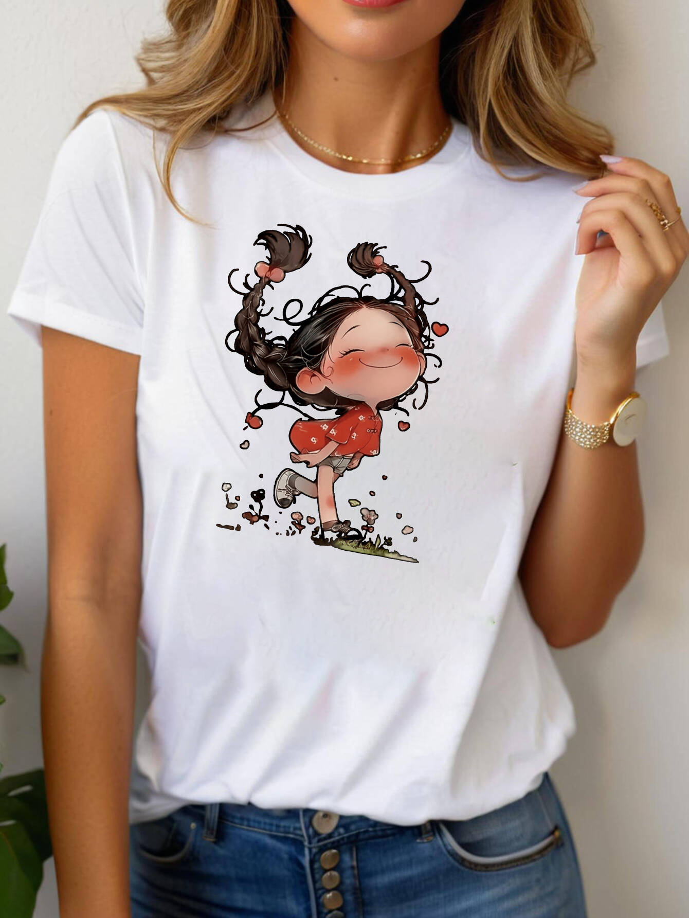 T-shirt pour femme à imprimé fille de dessin animé mignon, décontracté, léger, confortable, à porter au quotidien, imprimé, col rond, manches courtes, toutes saisons