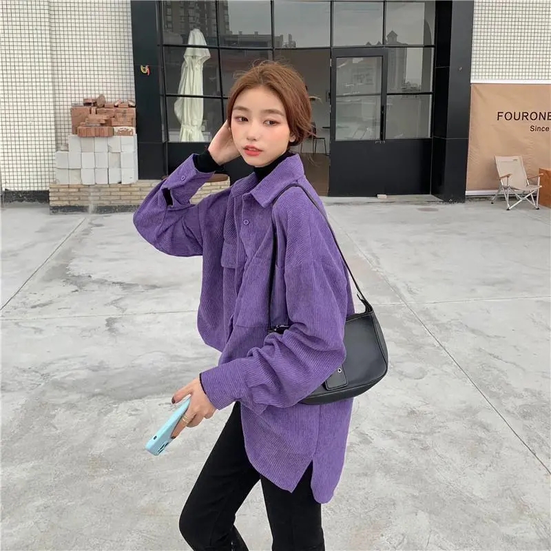 Cardigan en velours côtelé violet paresseux pour femmes, coupe couvertes mi-longue, version coréenne, manteau de chemises, chemisier femme, automne, hiver, nouveau