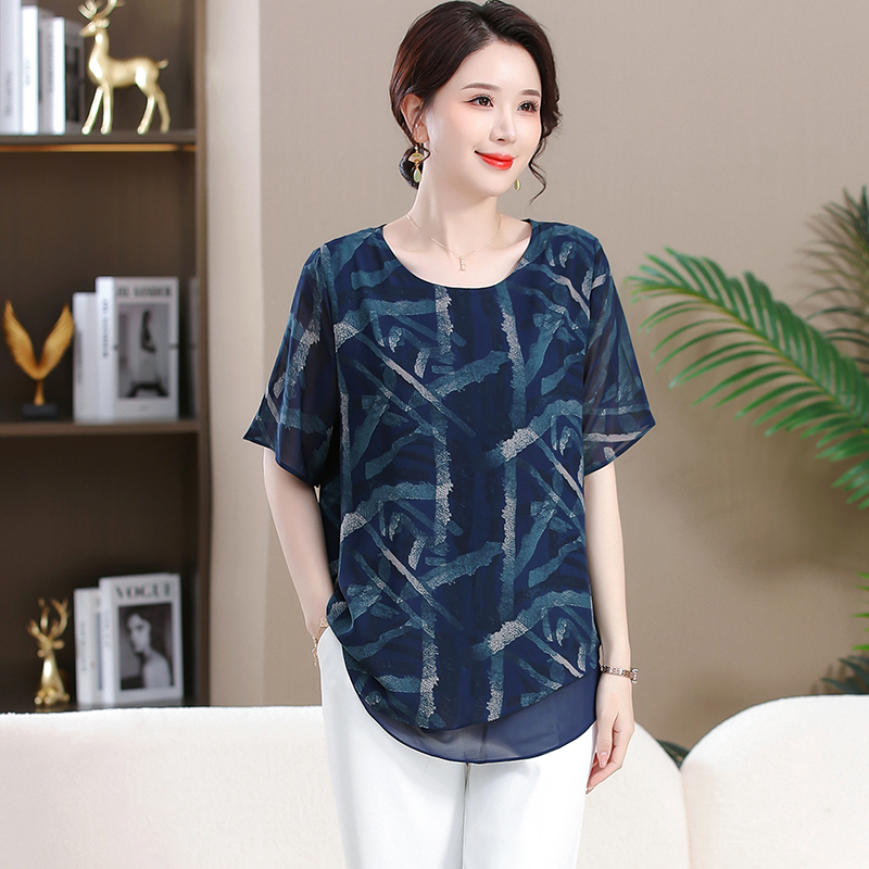 T-shirt à manches mi-longues en mousseline de soie pour femmes, chemisier à revers, motifs rétro, grande taille, vêtements d'été, nouveau, 2024