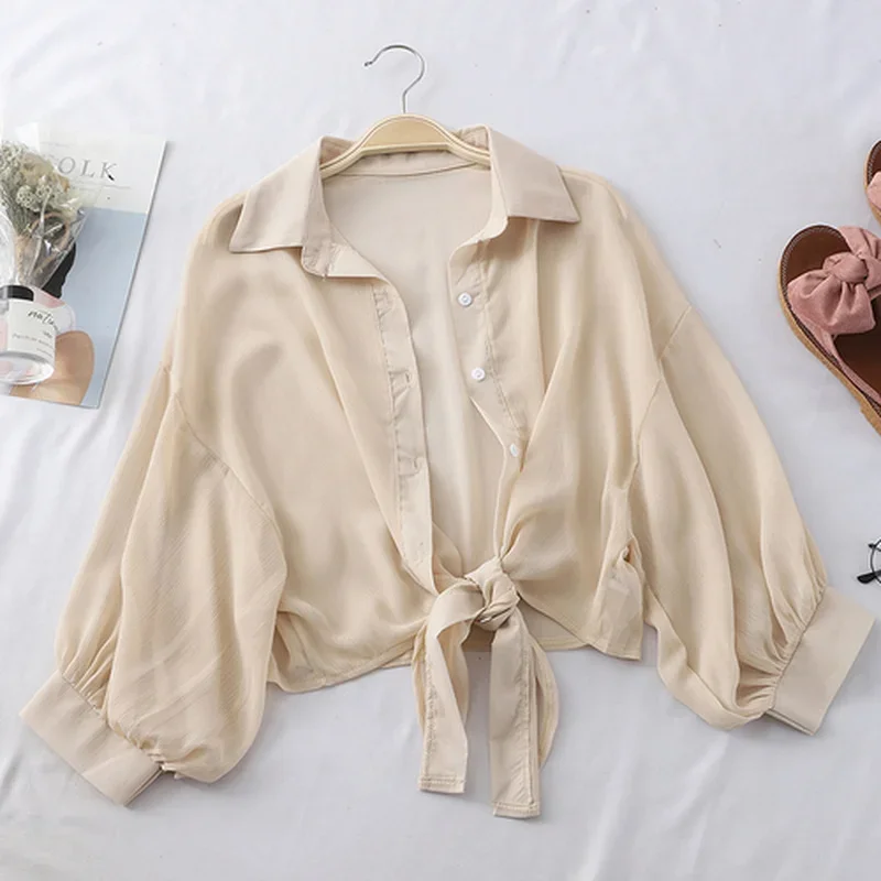 Chemisier en mousseline de soie pour femmes, vêtements blancs ajourés, amples, élégants, couleur unie, taille nouée, chauve-souris, demi-manches, boutons, été