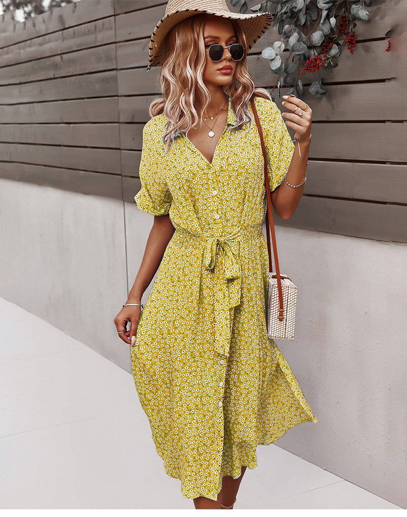 Robe d'été mi-longue à imprimé Floral pour femmes, décontractée, manches courtes, boutons, vacances, col en v, plage, Boho Chic, Robe élégante