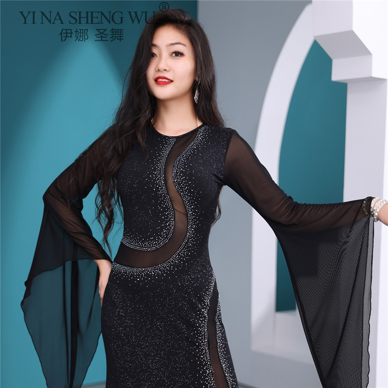 Robe de danse du ventre à col rond pour femmes, jupe longue mince, manches évasées, vêtements de compétition féminins, vêtements de pratique de performance élégants, nouveau