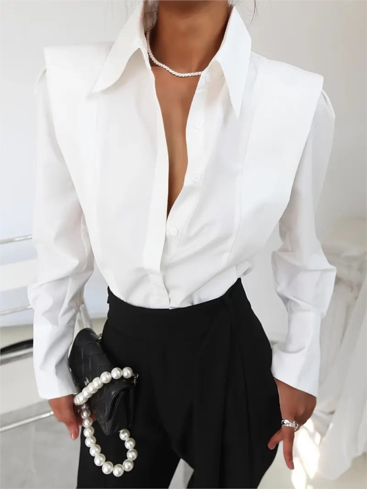 Mode chemise blanche pour les femmes décontracté solide à manches longues col rabattu bouton dessus de chemise dame bureau vêtements pour femmes nouveau 2025