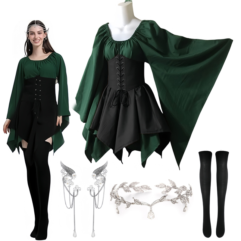 Costume d'elfe pour femmes, robe traditionnelle irlandaise de la Renaissance, Costume de fée médiévale, oreilles d'elfe pour Halloween Cosplay