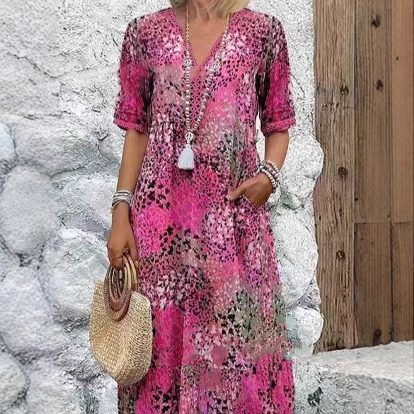 Robes pour femmes 2026 : Nouvelle collection imprimée en dentelle, col en V, manches courtes, longueur mi-mollet – Vêtements féminins