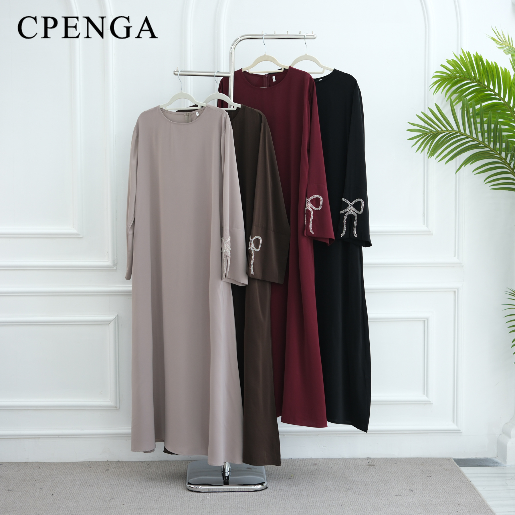Robe Abaya de luxe cloutée pour femmes, tenue musulmane arabe Eid, modeste, islamique, ornée de cristaux, manches avec nœud, Robe turque