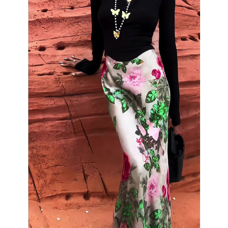 Mn-Jupe Longue en Satin Vintage à Imprimé Floral pour Femme, Vêtement de Luxe, Chic, Élégant, Taille Haute, Slim, pour ix