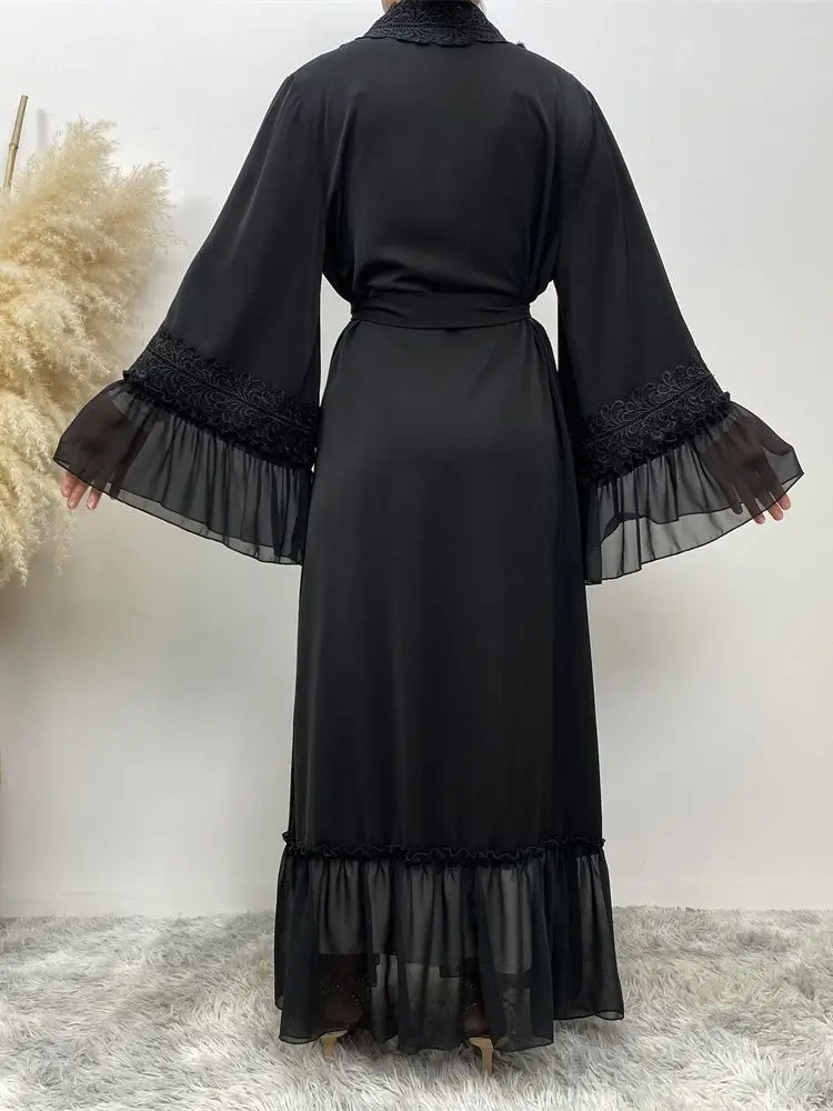 Abayas noires musulmanes avec ceinture pour femmes, Djellaba marocaine, Dubaï, manches évasées brodées, dentelle, Eid, Islam