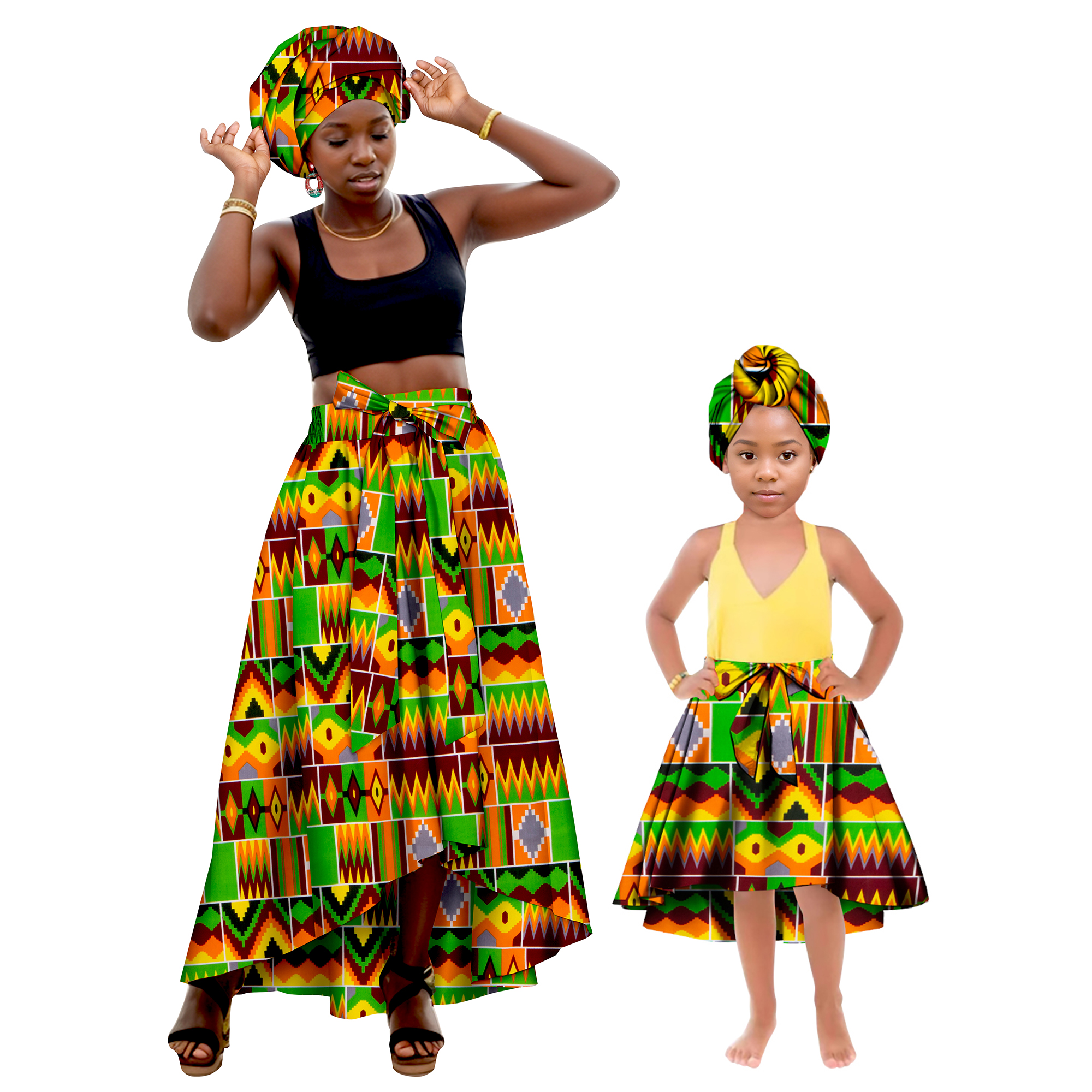 Vêtements assortis pour la famille africaine, mère et fille, bandeau + jupes, robe en coton imprimé africain, jupes de fête pour femmes et filles