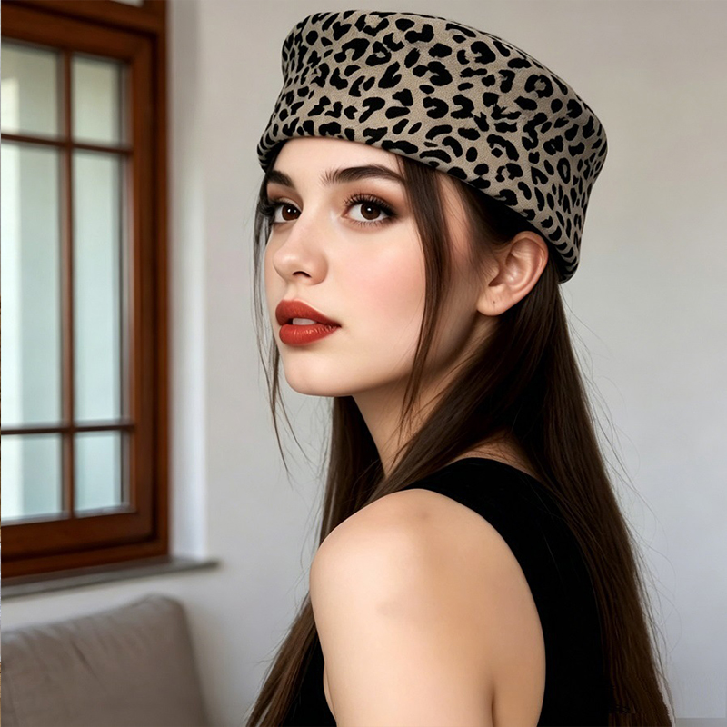 Chapeau d'hôtesse en polyester à imprimé léopard, béret élégant pour femme, mini-chapeau rétro français, chapeau pillbox