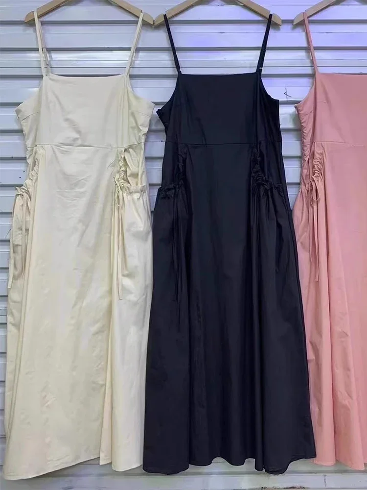 Robe longue à lacets plissée pour femmes, caraco à grandes poches, taille haute, coupe couvertes, mode coréenne, été, nouveau