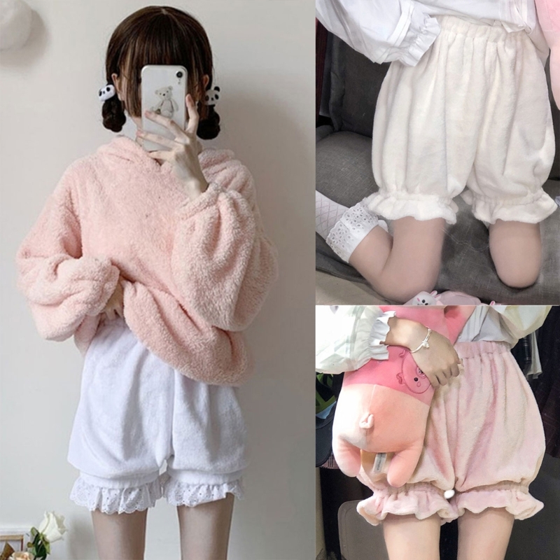 Short thermique en velours Lolita pour femme, pantalon bouffant, nœud à volants, Aliments adt, short en peluche