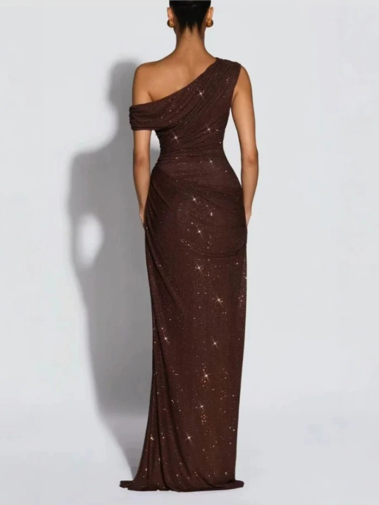 Nouvelle collection Printemps/Été 2026, Robe longue élégante pour femme, coupe ajustée, épaule asymétrique, ornée de strass, pour soirée