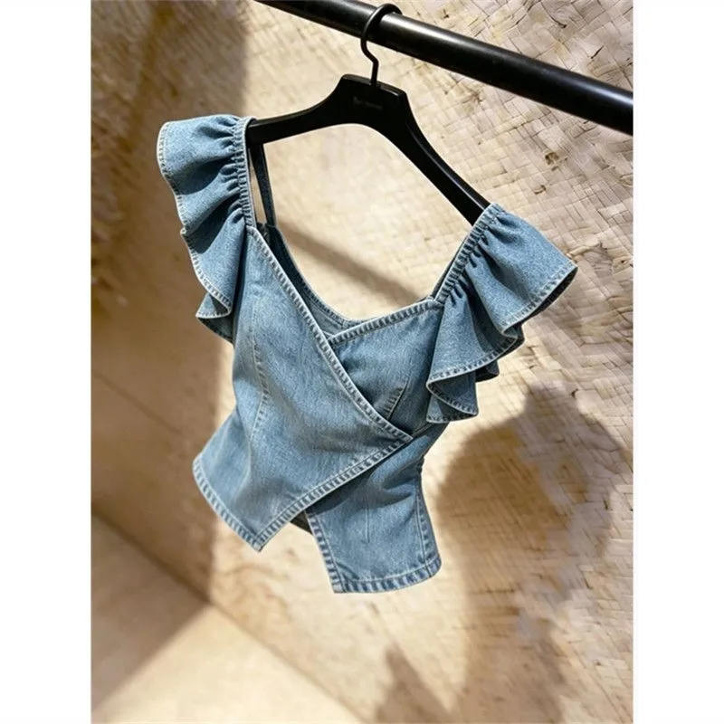 Nouvelle Collection Été-Automne 2026 : Gilet en Jean Style Coréen pour Femme – Veste sans Manches en Denim Tendance avec Volants