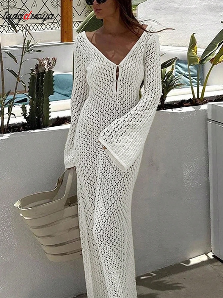 Robe de plage longue en maille sexy pour femme, tricot ajouré, col en V, manches longues, transparente, dos nu, pour les vacances