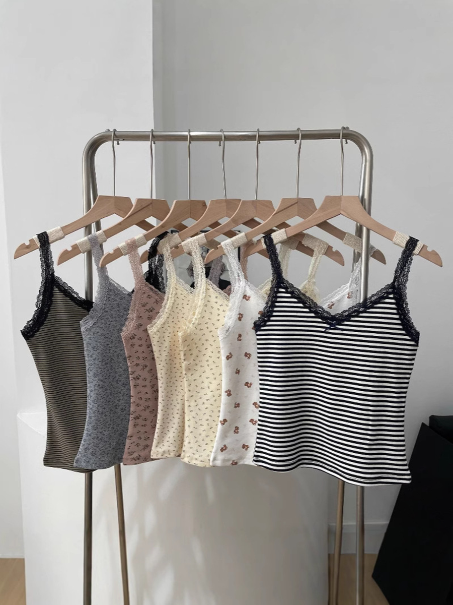 Haut court en coton pour femmes, garniture en dentelle avec nœud Floral, débardeur Slim sans manches, Style Preppy, Camisole douce et mignonne, vêtements Y2k, nouvelle collection été