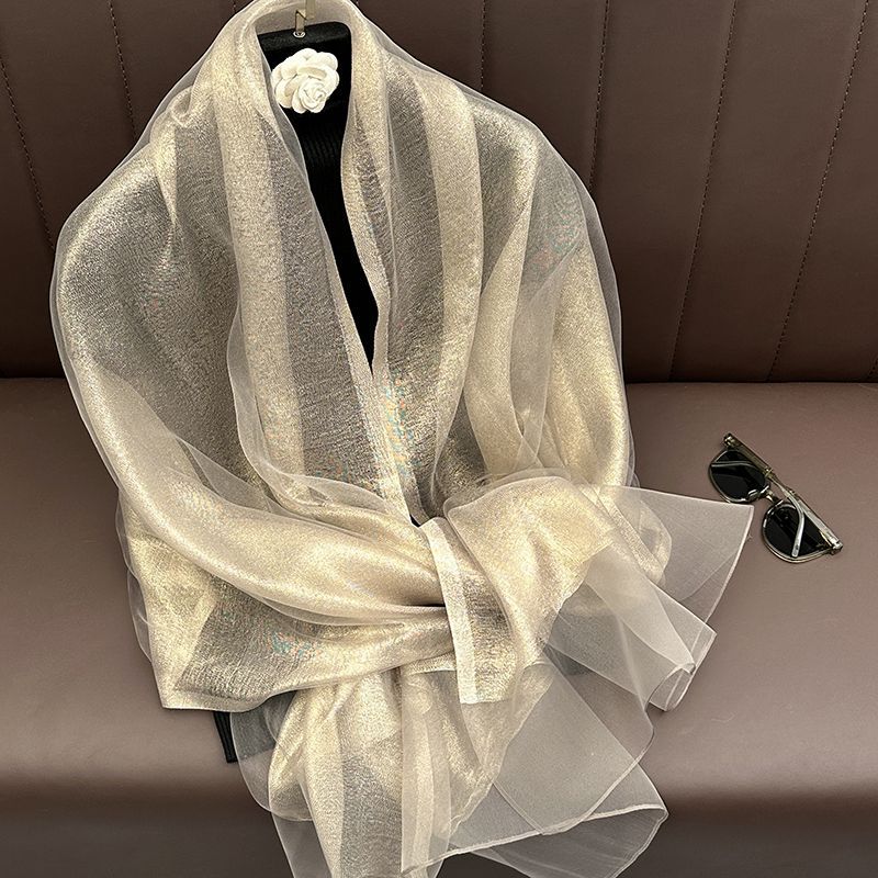 Écharpe en soie et laine, couleur unie, double couche, fine et brillante, grand châle, protection solaire, polyvalente, mode, long foulard pour femme