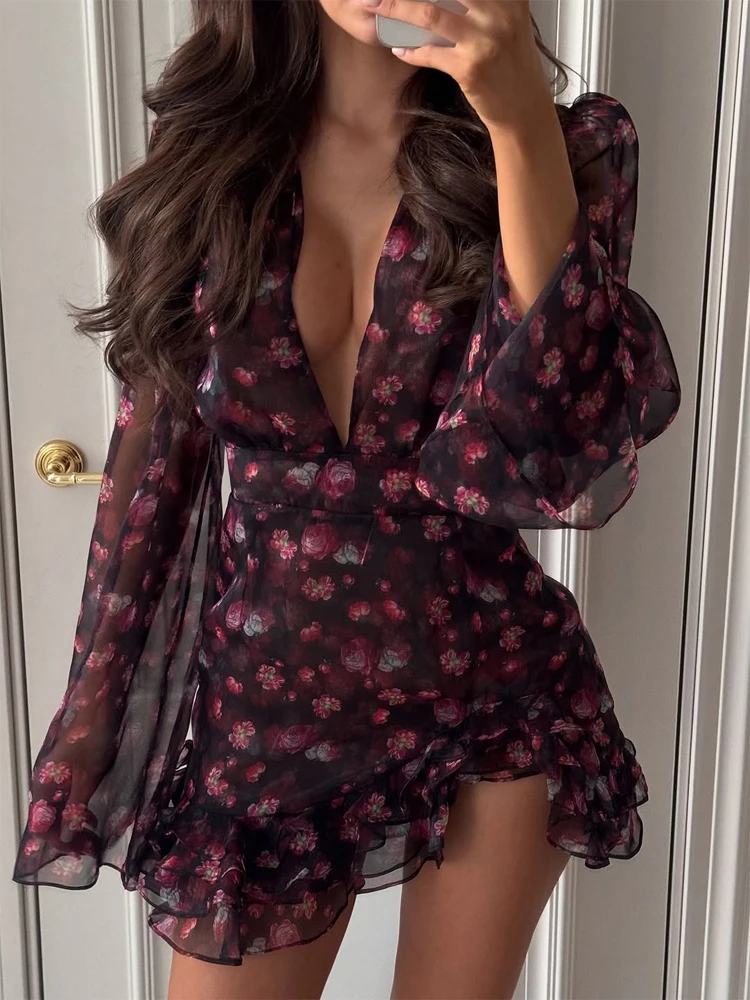 Robe courte élégante à volants peints de fleurs pour femmes, chic, manches longues, col en V profond, robe courte ajustée en A, robe de vacances pour femme 2026