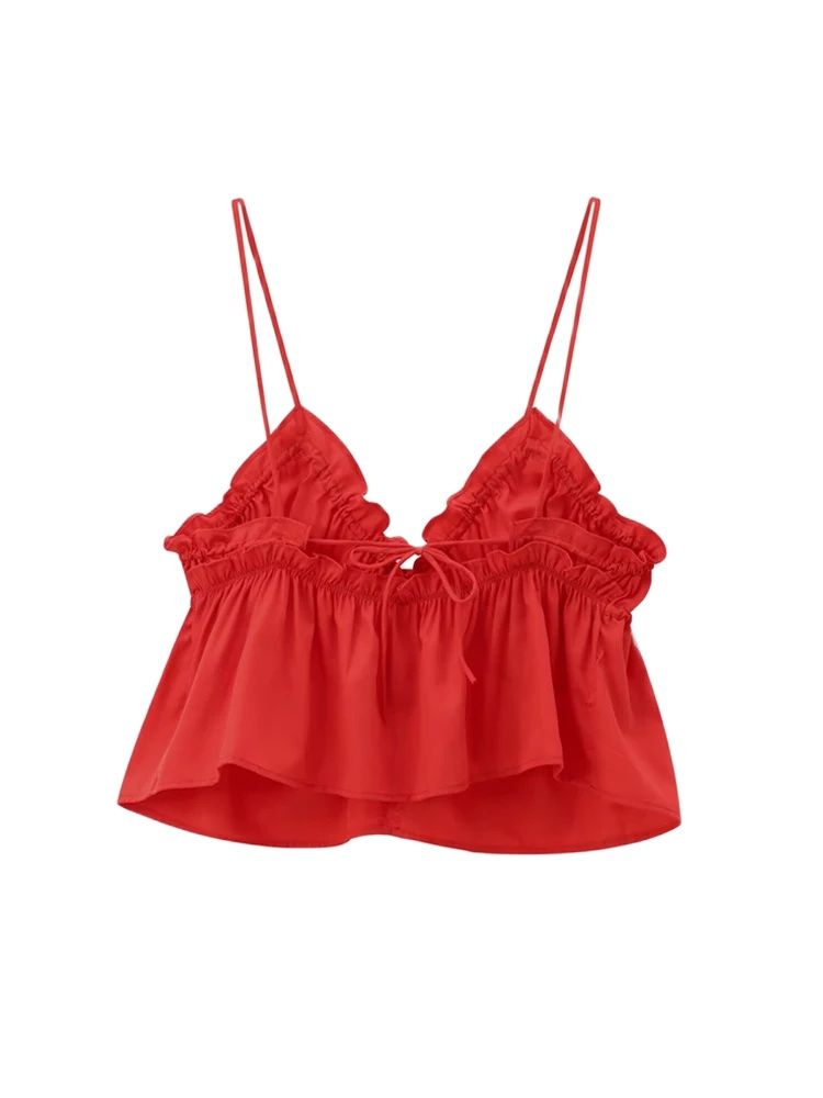 Débardeur Sexy à volants et col en v pour femmes, mode, nœud noué, bretelles fines, dos nu, Camisole