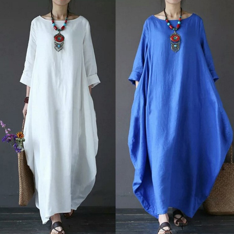Robe d'été fine en coton et lin pour femmes, style bohème, manches longues, couleur unie, kaftan vintage