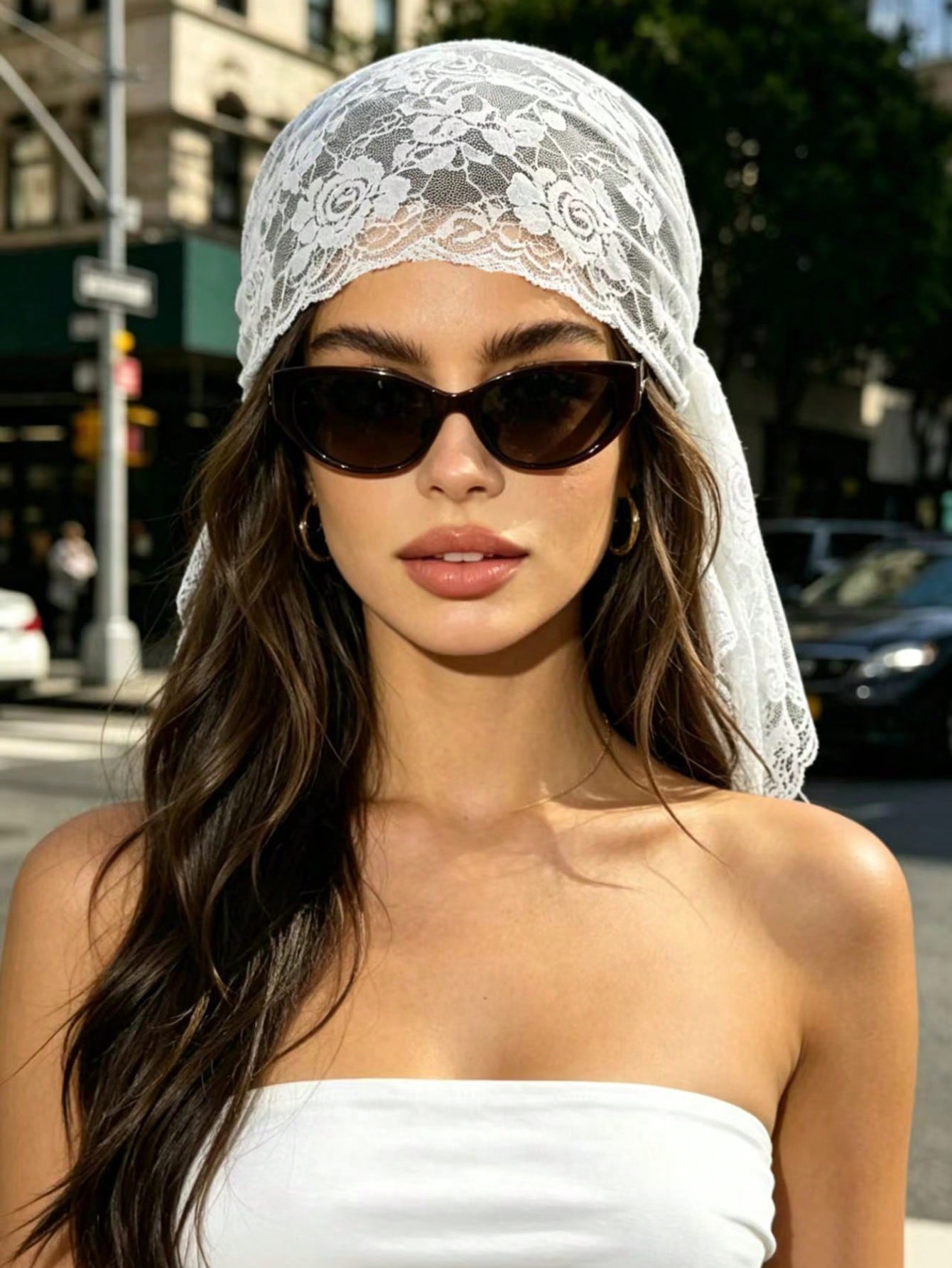 1 pièce Foulard triangulaire brodé en dentelle, foulard musulman, bandeau respirant en mousseline de soie au crochet motif rose pour le printemps et l'été