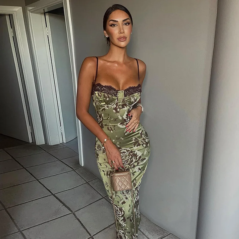 Robe longue en tricot à imprimé floral avec bordure contrastée en dentelle, fentes latérales, sans manches, robe décontractée confortable pour femmes, robe de nuit