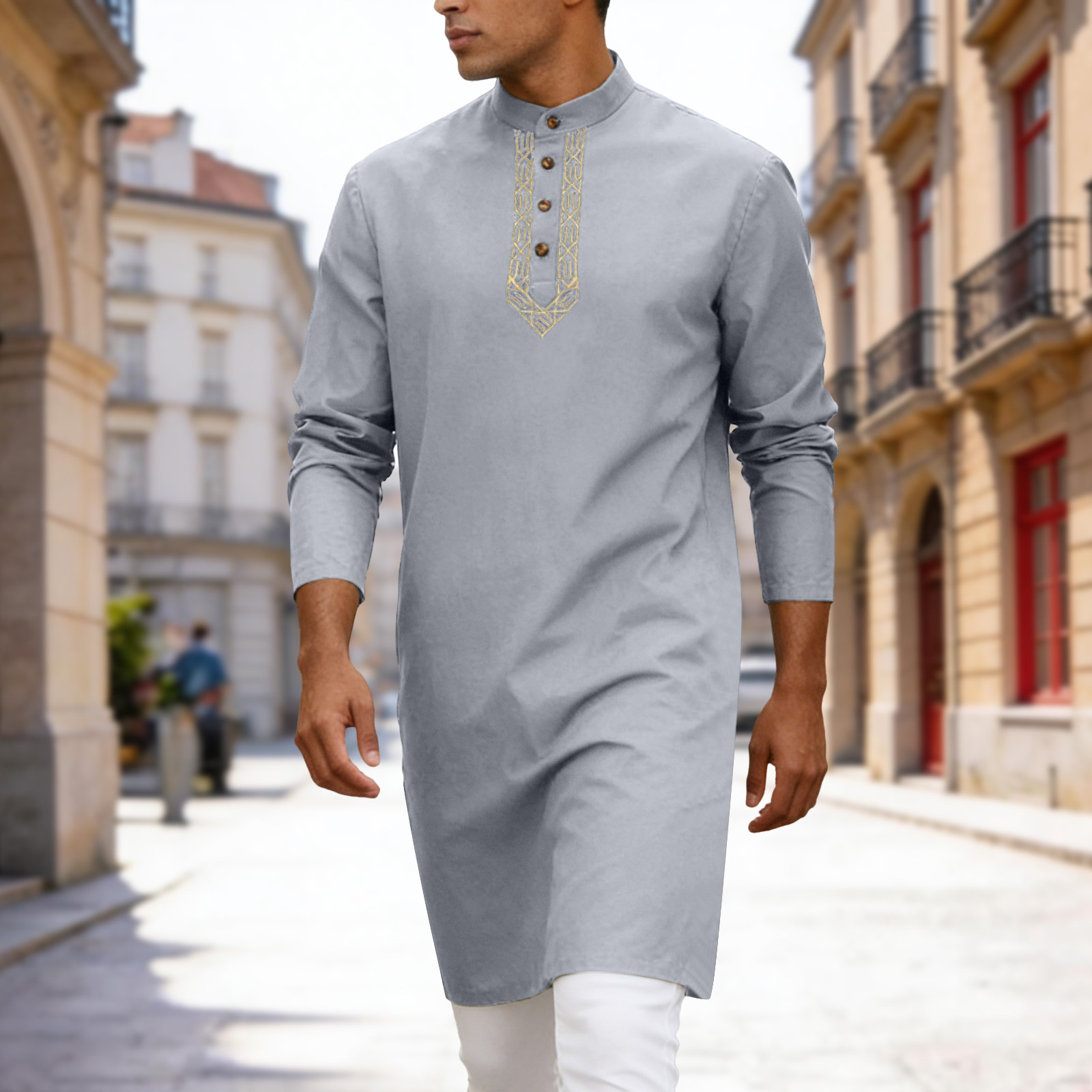 Chemise musulmane pour homme, style islamique arabe, col montant, manches longues, Blouse Jubba Thobe, Kaftan ethnique, Robe Abaya du Moyen-Orient