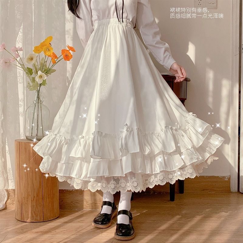 Jupe femme Vintage français élégant à volants Double couche demi-jupe Lolita jupes longues femmes mode 2023 a-ligne jupe plissée